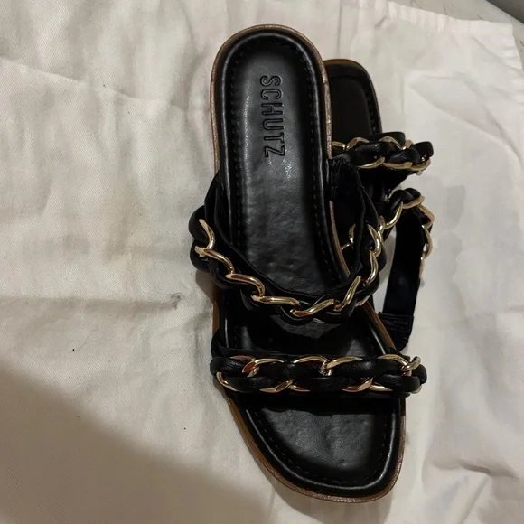 SCHUTZ Black Sandals flats with Gold Chain Detail - Picture 6 of 8